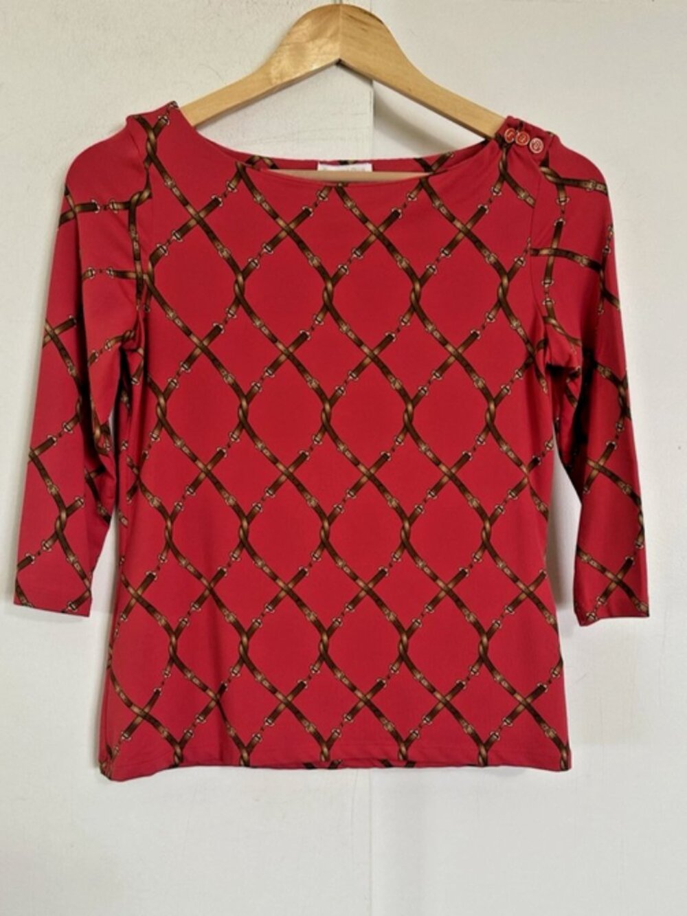 CHARTER CLUB Equestrian Print Top Red P/S Petite Small